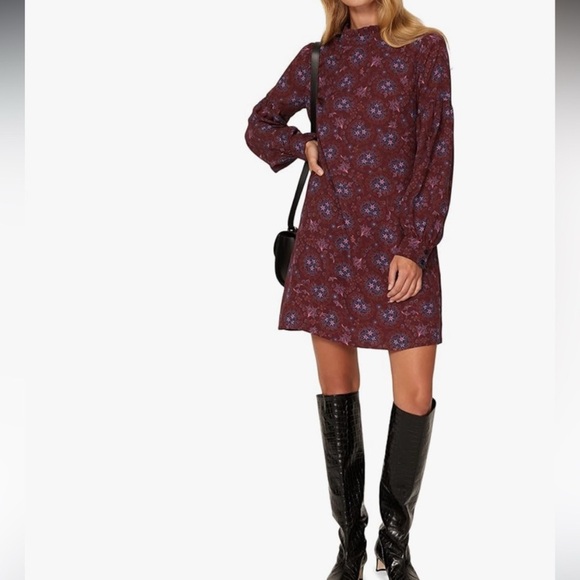 Derek Lam Collective Mock Neck Shift Dress Elegant Floral Dress in Burgundy - Picture 3 of 6
